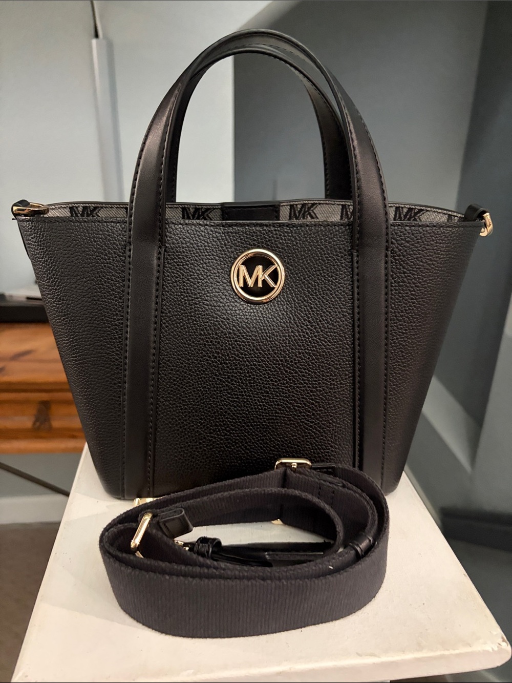 Michael Kors Black Pebbled Leather Mini Tote with Gold MK Medallion
